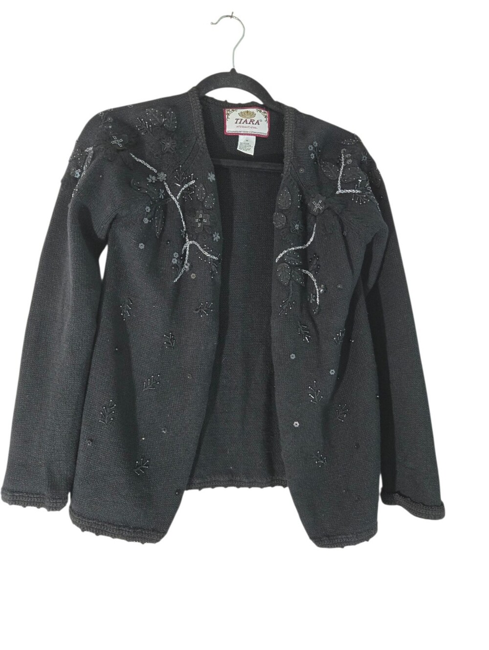 Black Embellished Tiara International Sweater Cardigan M Ramie & Cotton Women's